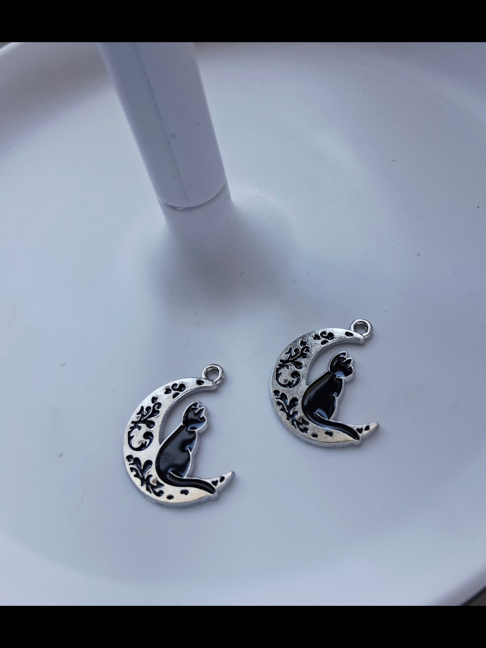 Silver Crescent Moon Cat Charms - Pair